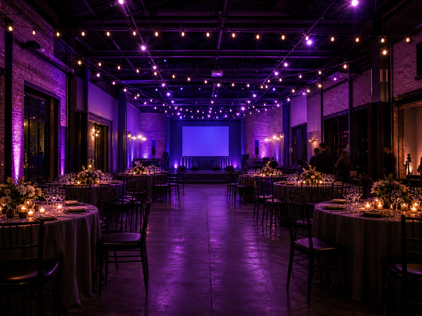 A purple-lit evening reception